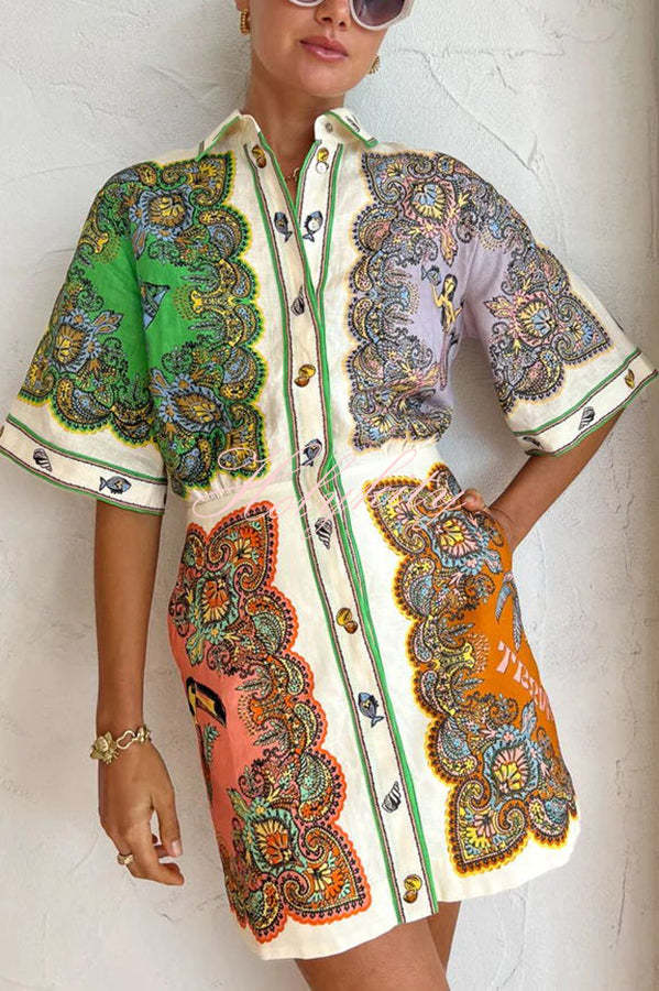 Coco Girls Mermaid Print Button Down Pockered Shirt Mini Dress-tidenox