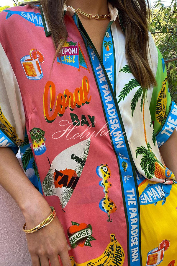 Kissed By The Sun Satin Unique Print Colorblock Button Down Oversized Blouse-tidenox