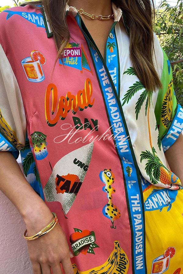 Kissed By The Sun Satin Unique Print Colorblock Button Down Oversized Blouse-tidenox