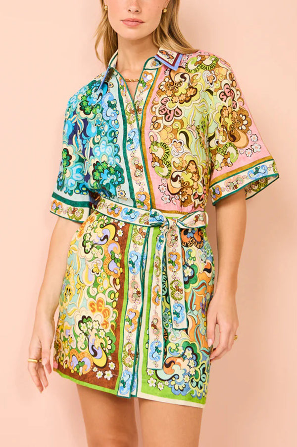 Sasha Linen Blend Unique Printed Shirt Style Tie-waist Mini Dress-tidenox