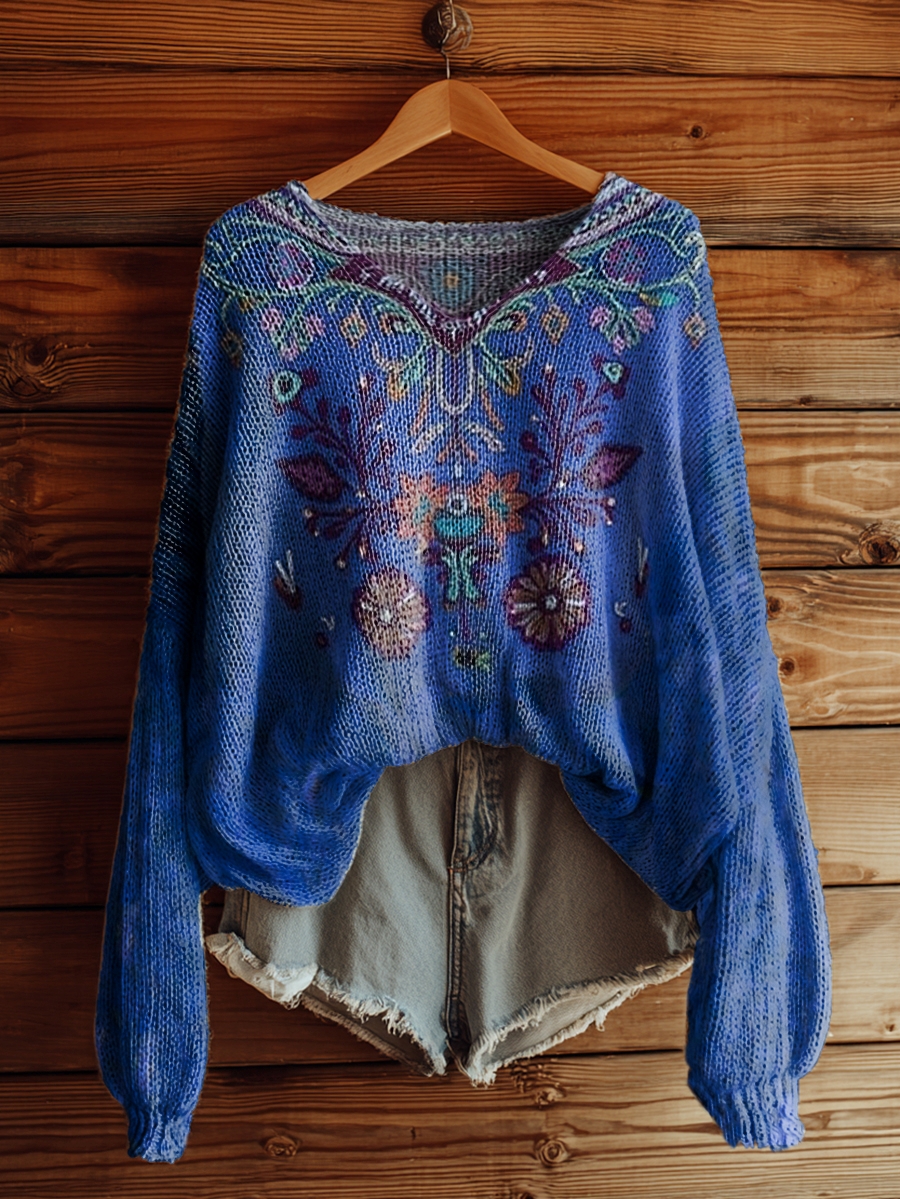 Women's Vintage Floral Tattoo Pattern Art Print Casual Pullover Sweater-tidenox