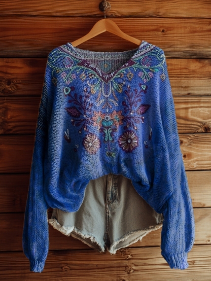 Women's Vintage Floral Tattoo Pattern Art Print Casual Pullover Sweater-tidenox