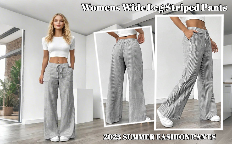 Striped Pants Women Baggy Drawstring Wide Leg Lounge Pants w/Pockets Loose Pajama Pants Casual Pants