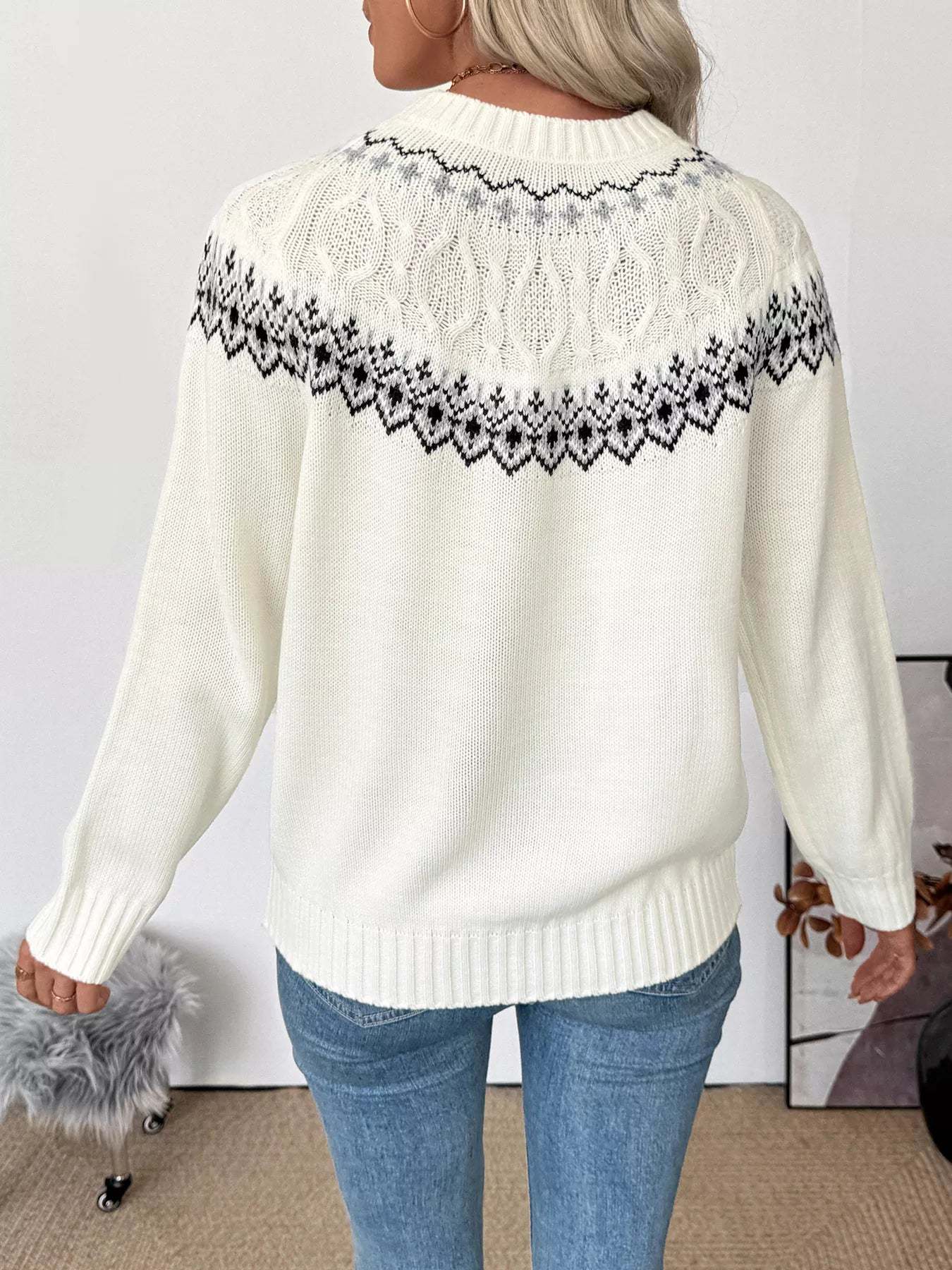 Fair Isle Pattern Crew Neck Sweater-tidenox