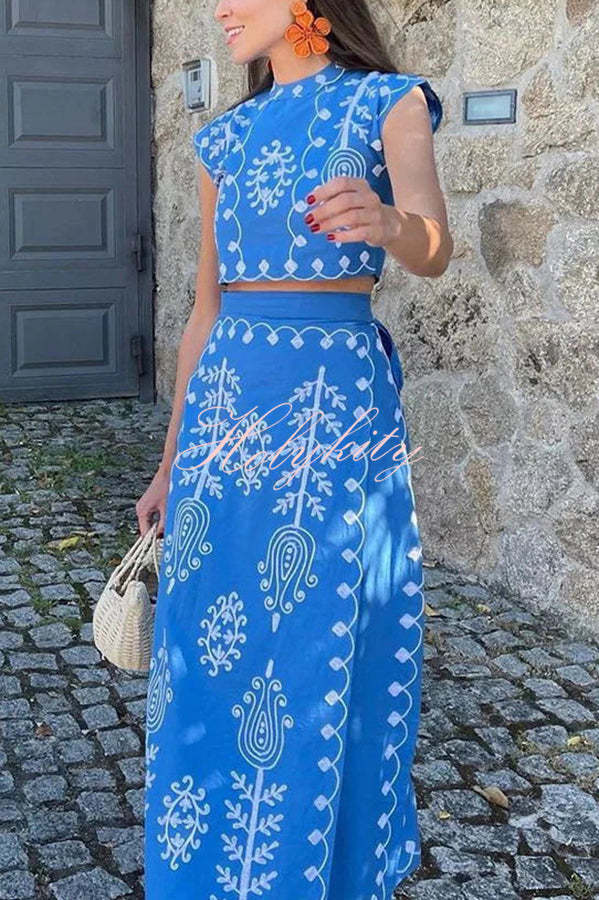 Rima Linen Blend Ethnic Print Crop Top & Tire-up Wrap Midi Skirt Set-tidenox