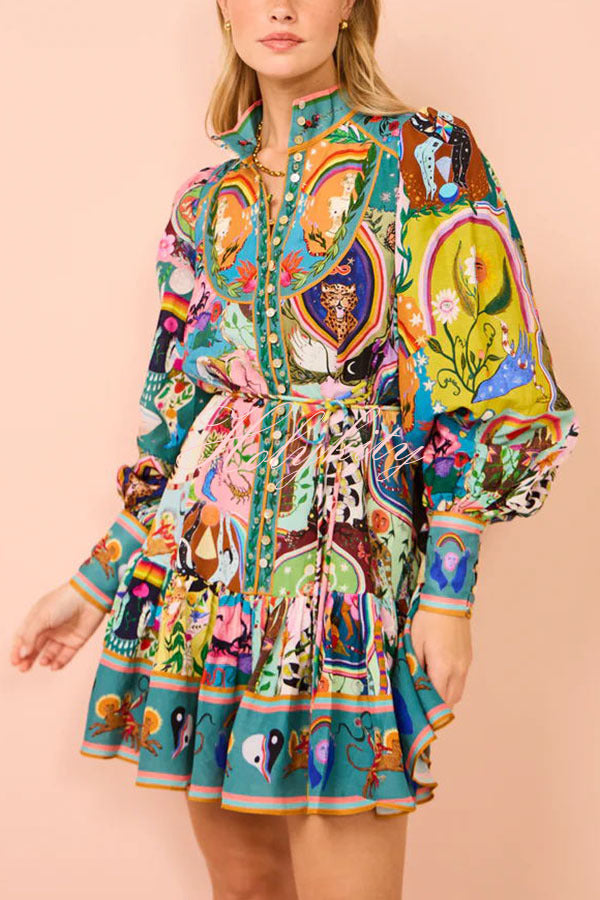 Touch of Luxury Unique Print Balloon Sleeve Button Shirt Mini Dress-tidenox