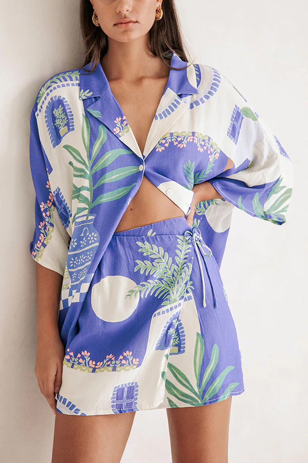 Balmy Summer Nights Unique Print Loose Shirt and Elastic Waist Wrap Lace-up Skirt Set-tidenox