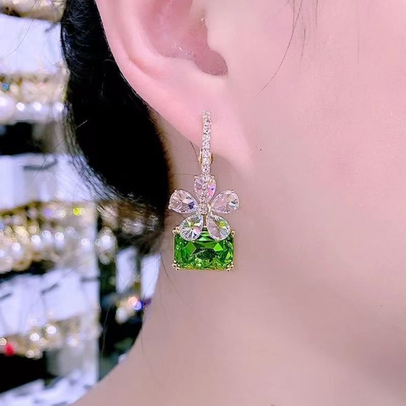 Green Flower Crystal Earrings-tidenox