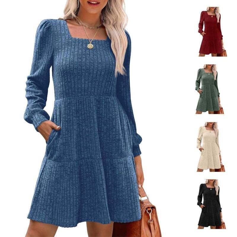 🍂Last Day Promotion 49% OFF🔥Womens Square Neck Long Sleeve Fall Dresses Casual Babydoll Sweater Dress-tidenox