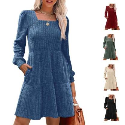 🍂Last Day Promotion 49% OFF🔥Womens Square Neck Long Sleeve Fall Dresses Casual Babydoll Sweater Dress-tidenox