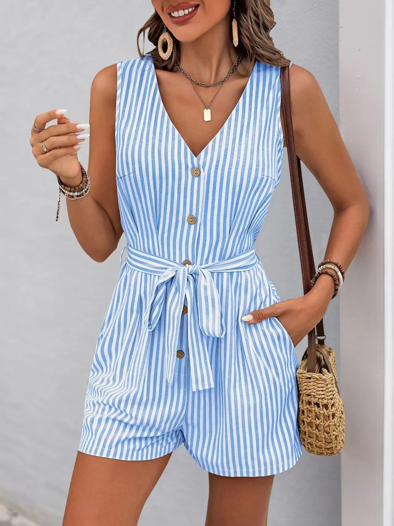 Striped V-neck Button Front Belted Romper-tidenox