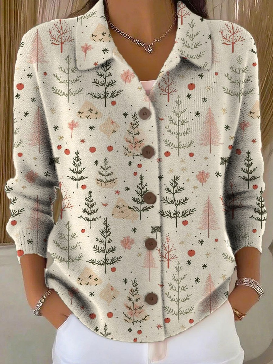 Women's Christmas Tree Art Print Buttoned Cardigan Sweater-tidenox