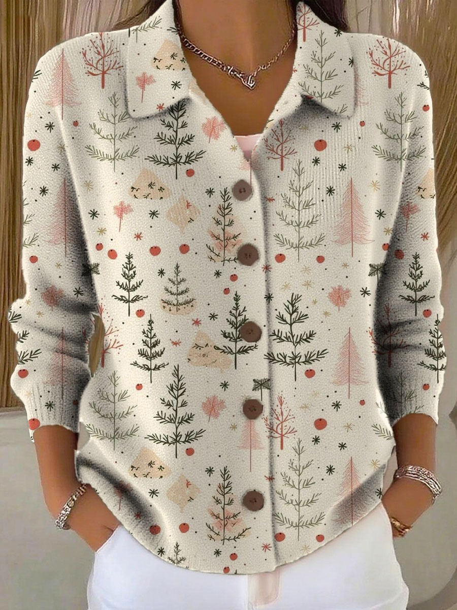 Women's Christmas Tree Art Print Buttoned Cardigan Sweater-tidenox