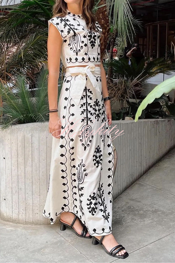 Rima Linen Blend Ethnic Print Crop Top & Tire-up Wrap Midi Skirt Set-tidenox