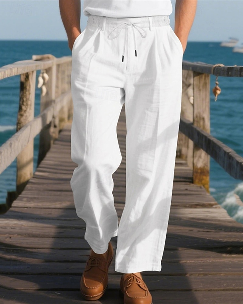 Men's Linen Pants Trousers Summer Pants Beach Pants Pocket Elastic Waist Drawstring Plain Comfort Breathable Vacation Daily Holiday Hawaiian Boho Black White 2025 - €21.99 –P4
