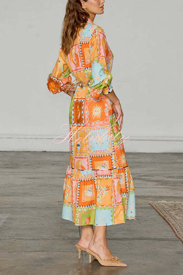 Linen Blend Unique Printed Long Sleeve Lapel Tie-waist Midi Dress-tidenox