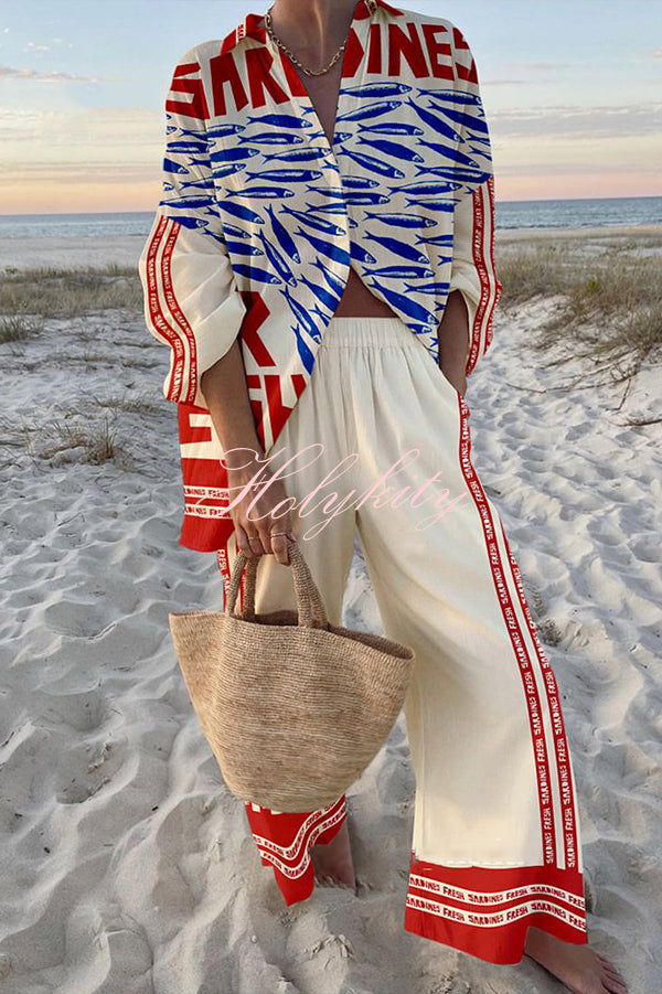 Unique Ocean Print Oversized Shirt and Elastic Waist Pocket Pants Set-tidenox