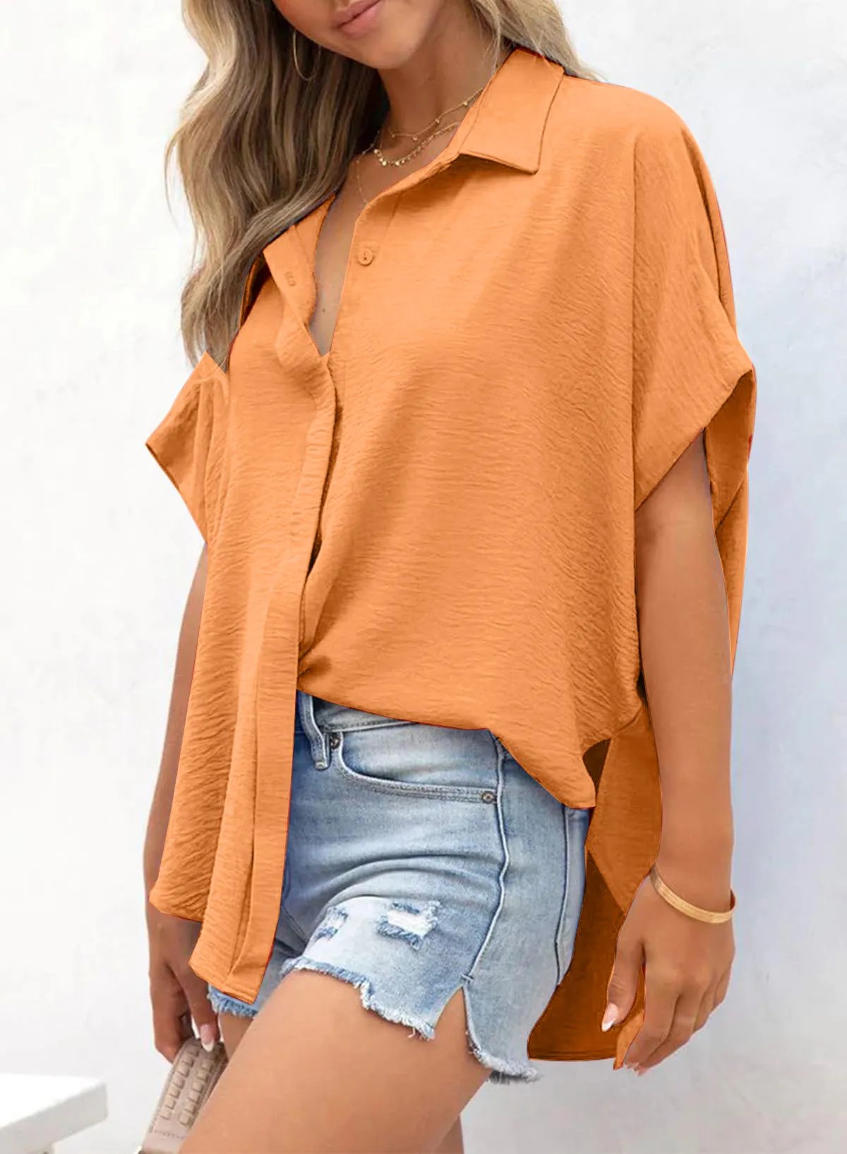 🧥Women's Casual Button Short Sleeve Slit Hem Shirt Solid Color Tops-tidenox