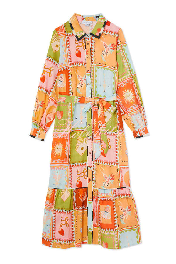 Linen Blend Unique Printed Long Sleeve Lapel Tie-waist Midi Dress-tidenox