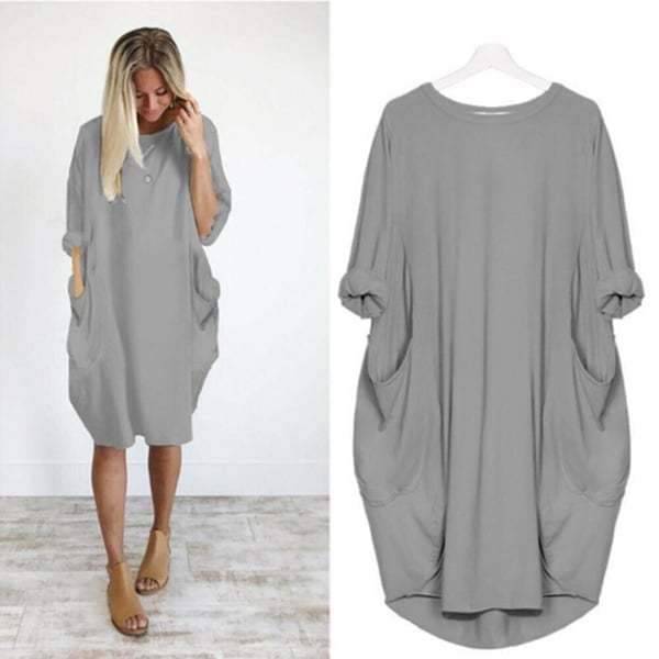 💝17 Colors Women Casual Loose Pocket Long Sleeves Dress-tidenox
