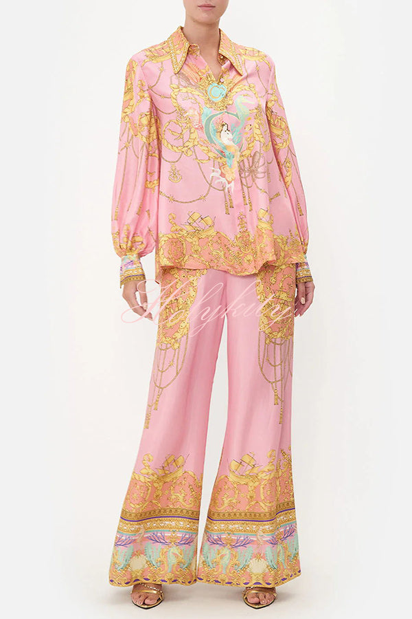 Mermaid Motel Unique Print Long Sleeve Loose Shirt and Elastic Waist Pants Set-tidenox