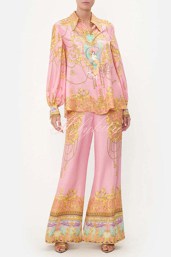 Mermaid Motel Unique Print Long Sleeve Loose Shirt and Elastic Waist Pants Set-tidenox