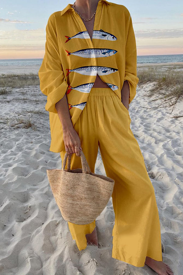 Unique Ocean Print Oversized Shirt and Elastic Waist Pocket Pants Set-tidenox
