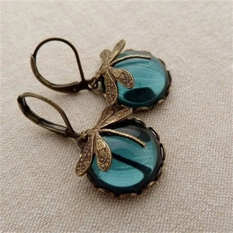 Vintage Drop-Shaped Moonstone Earrings with Dragonfly Design-tidenox