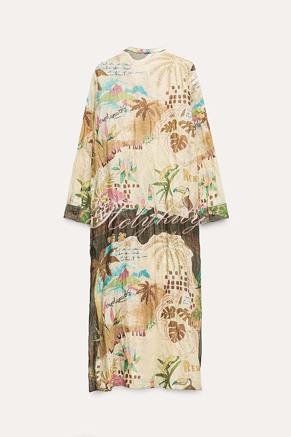Cayla Linen Blend Unique Print Button Long Sleeve Shirt Midi Dress-tidenox