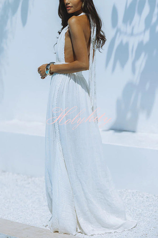 Summer Whispers Linen Blend Draped Braids Deep V-neck Halter Backless Cover Up Maxi Dress-tidenox