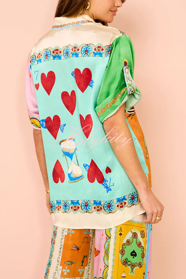 Funny Poker Summer Satin Unique Print Button Down Oversized Blouse-tidenox