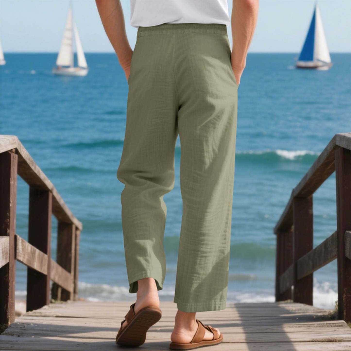 Men's linen trousers summer beach pants solid color comfortable breathable holiday leisure Hawaiian Bohemian style