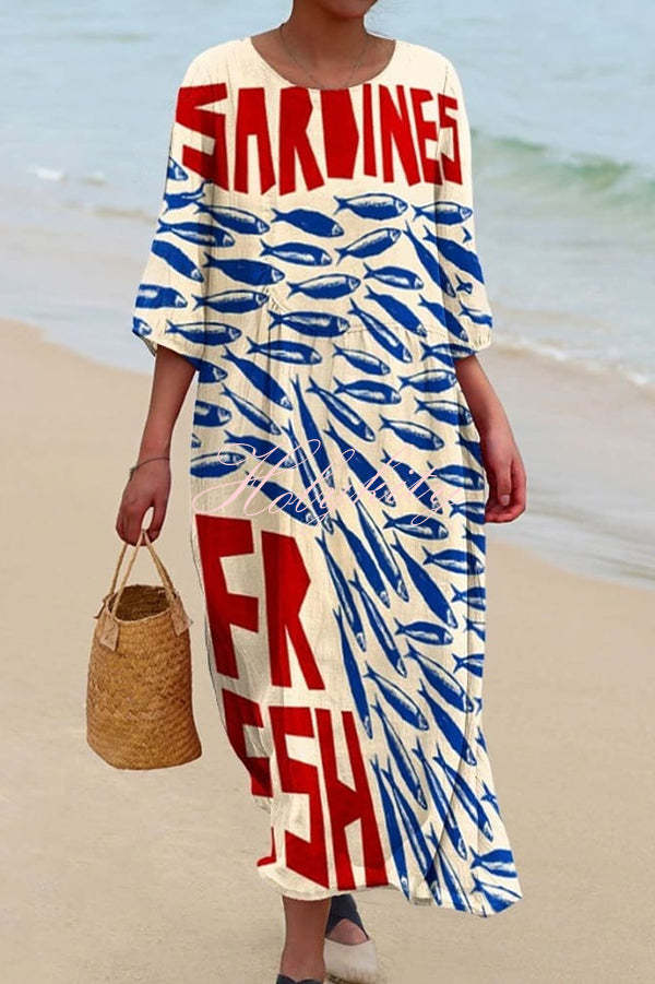 Unique Marine Print V-neck Short-sleeved Midi Dress-tidenox