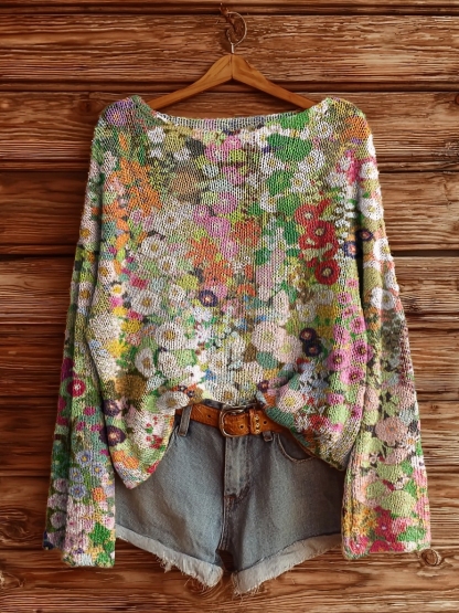 Women's Vintage Floral Art Pattern Print Casual Pullover Sweater-tidenox