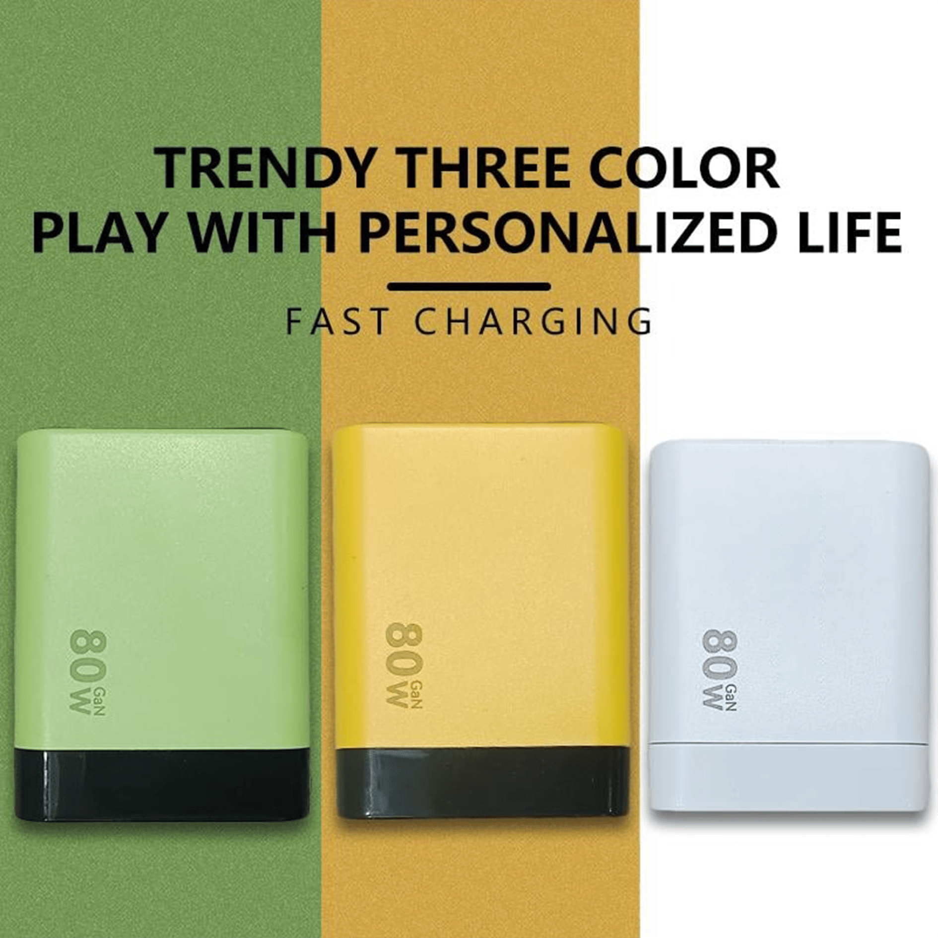 3 in 1 GaN Charger,Scalable 80W MAX fast charger module with Type-C cable and 2 USB ports-tidenox