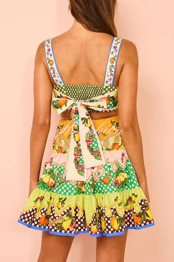 Sweet and Sour Summer Multicolor Lemon Print Pleated Hem Mini Dress-tidenox