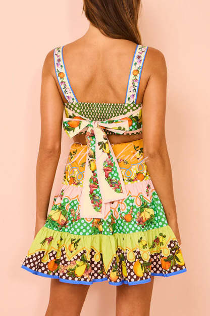 Sweet and Sour Summer Multicolor Lemon Print Pleated Hem Mini Dress-tidenox