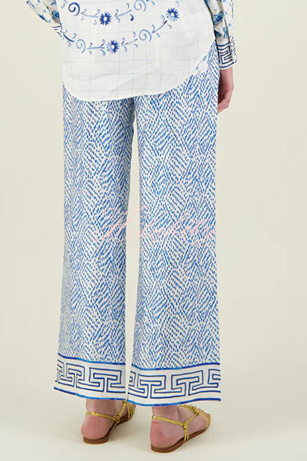 Unique Dragon Print Short Sleeve Loose Shirt and Elastic Waist Pocket Pants Silk Satin Set-tidenox