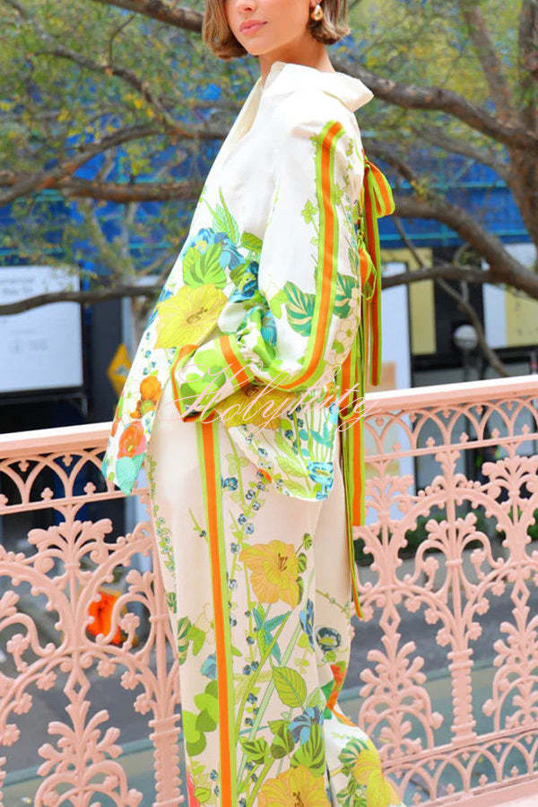 Antibes Satin Floral Print Back Tie-up Button Down Oversized Blouse-tidenox