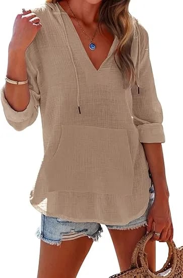 Women's V-Neck Hooded Beach Cover-Up-tidenox