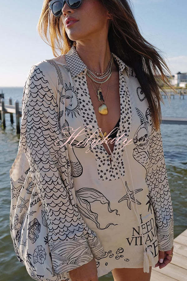 Live By Water Satin Unique Print Tassle Shirt and Elastic Waist Shorts Set-tidenox