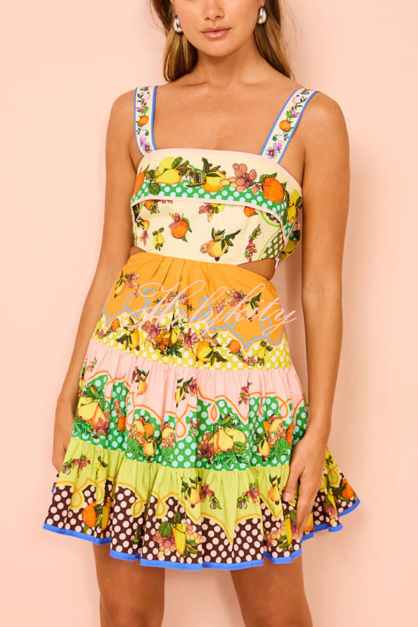 Sweet and Sour Summer Multicolor Lemon Print Pleated Hem Mini Dress-tidenox