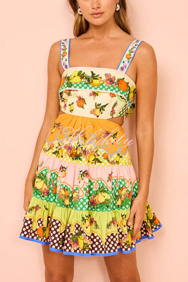 Sweet and Sour Summer Multicolor Lemon Print Pleated Hem Mini Dress-tidenox