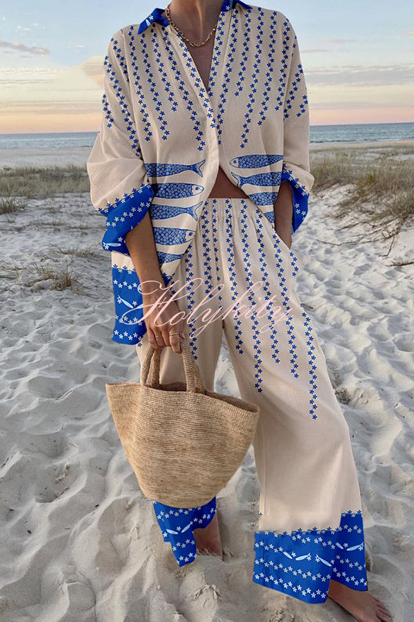 Unique Ocean Print Oversized Shirt and Elastic Waist Pocket Pants Set-tidenox