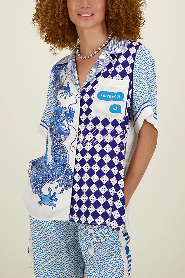 Unique Dragon Print Short Sleeve Loose Shirt and Elastic Waist Pocket Pants Silk Satin Set-tidenox