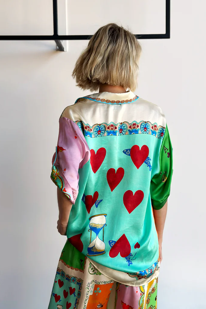 Funny Poker Summer Satin Unique Print Button Down Oversized Blouse-tidenox