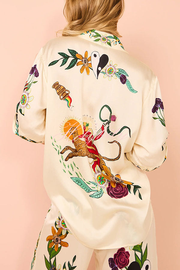 Modern Sophisticated Feel Satin Unique Print Button Down Oversized Blouse-tidenox