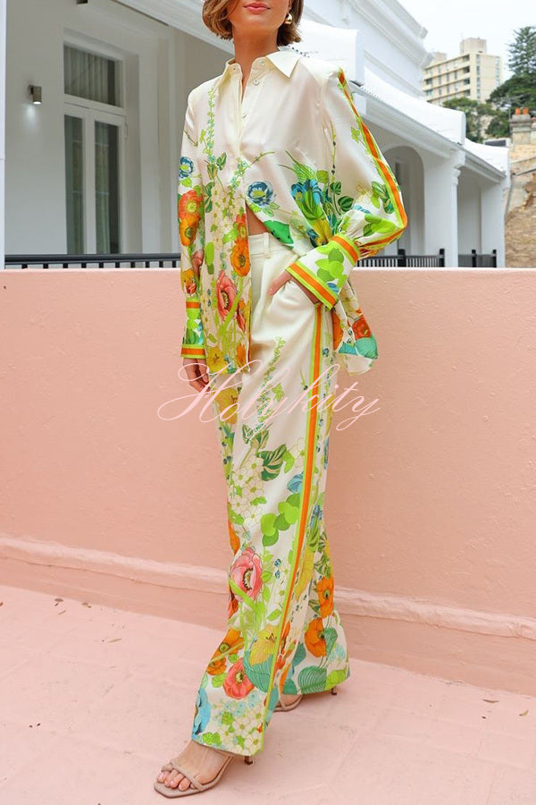 Marielle Satin Floral Print Back Elastic Waist Pocketed Wide Leg Pants-tidenox