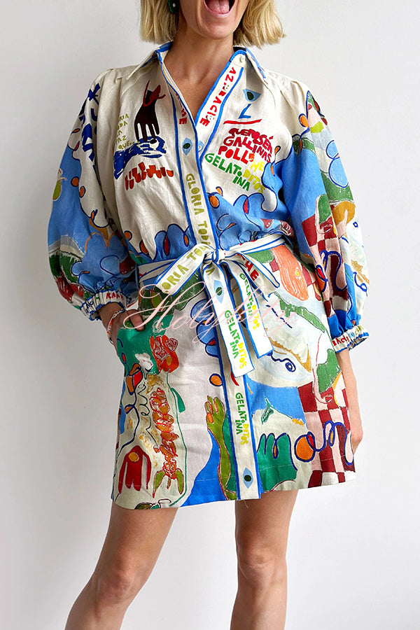 Phebe Linen Blend Unique Print Pocket Waist Tie Mini Dress-tidenox