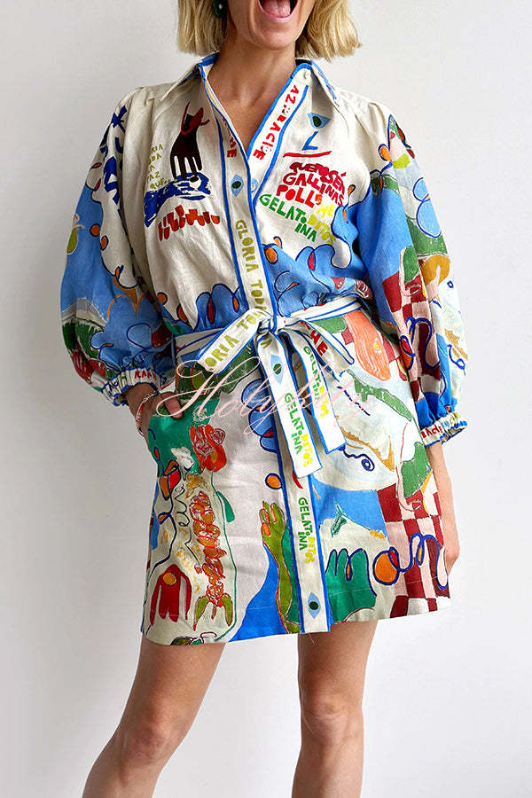 Phebe Linen Blend Unique Print Pocket Waist Tie Mini Dress-tidenox